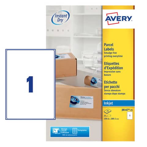 Etichette bianche per pacchi AVERY QuickDRY™ 199,6x289,1 mm - 1 et/foglio - stampanti inkjet - cf. 25 fogli J8167-25